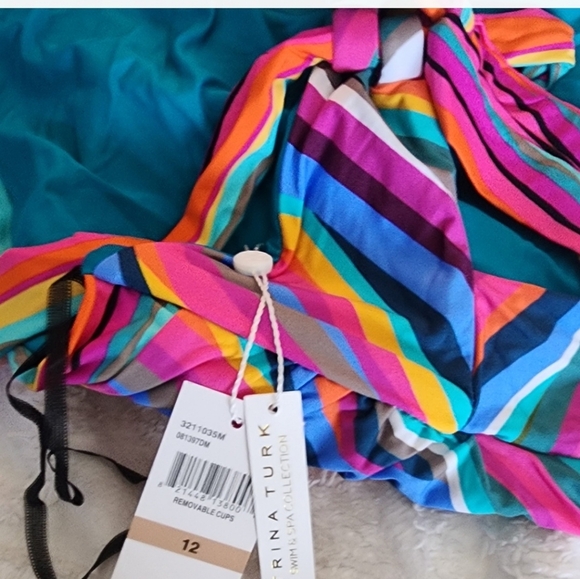 Trina Turk Louvre Reversible Multicolor and Teal Halter One-Piece Swimsu… - Picture 7 of 9